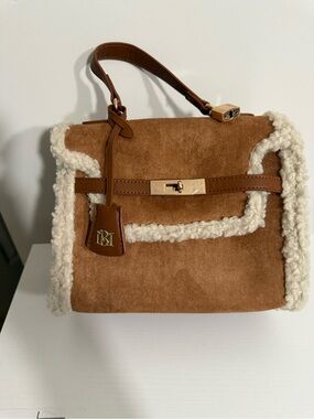 Brown Suede Shearling Top-Handle Bag